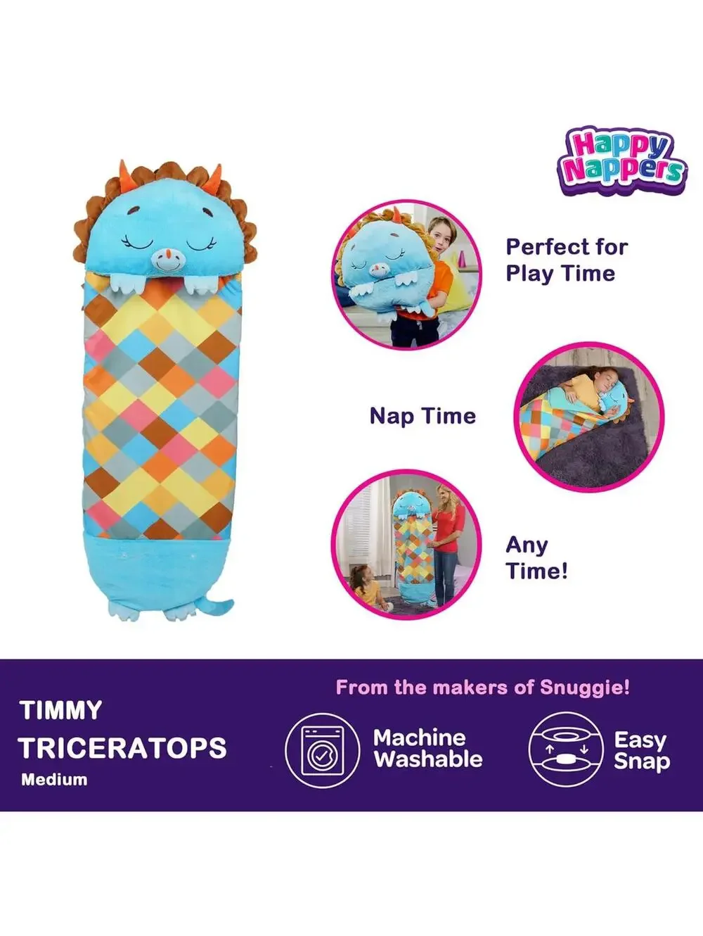 Happy Nappers Plush Pillow and Sleepy Sack Large Blue Triceratops - Picture 3 of 5